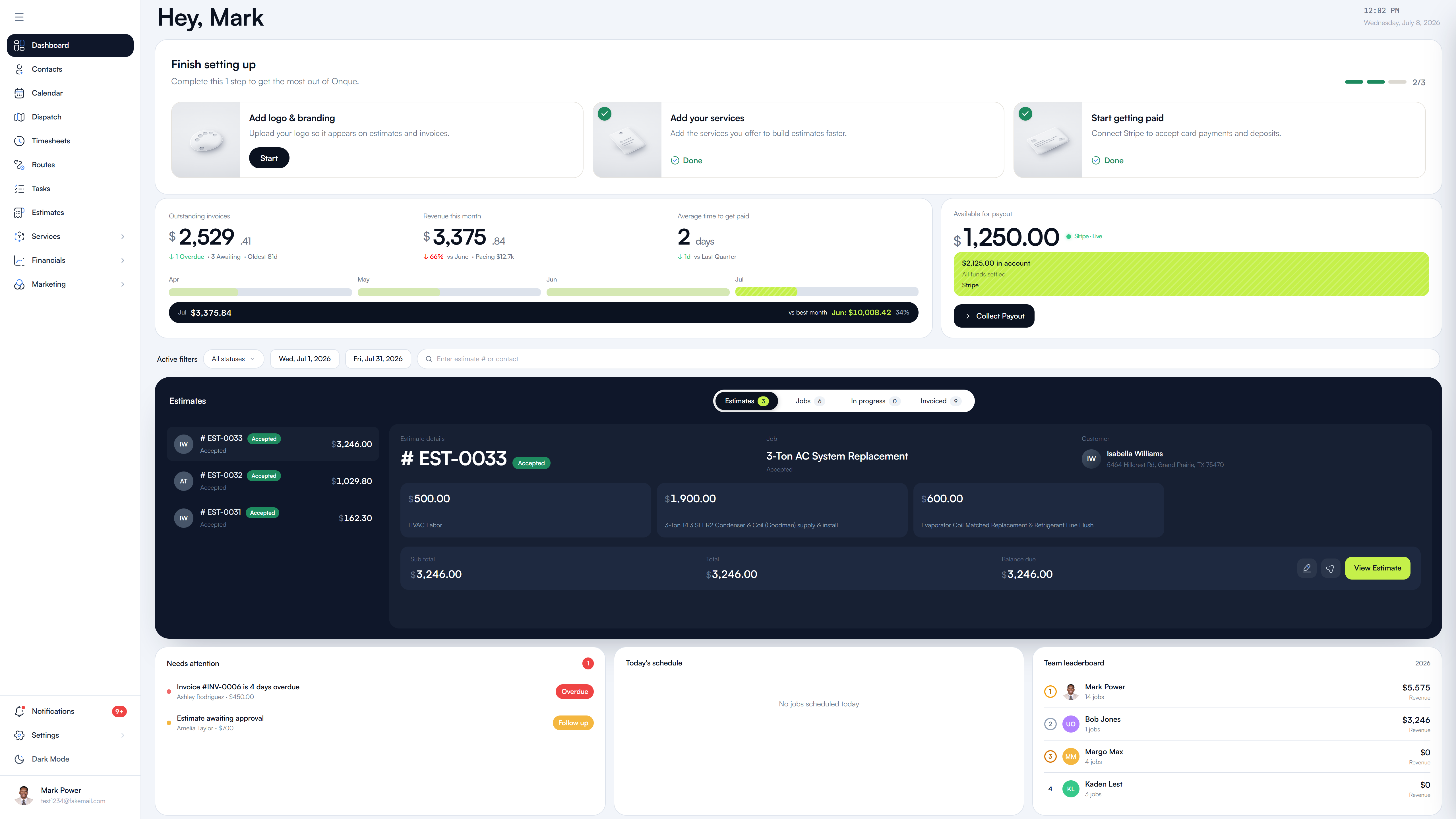 Onque dashboard